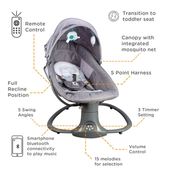 Elektrisk babysitter gunga 3 i 1 med baldakin, bluetooth och myggnät